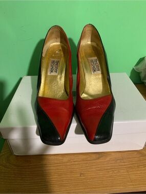Timothy Hitsman Red and Black Leather Pointed Toe Pumps